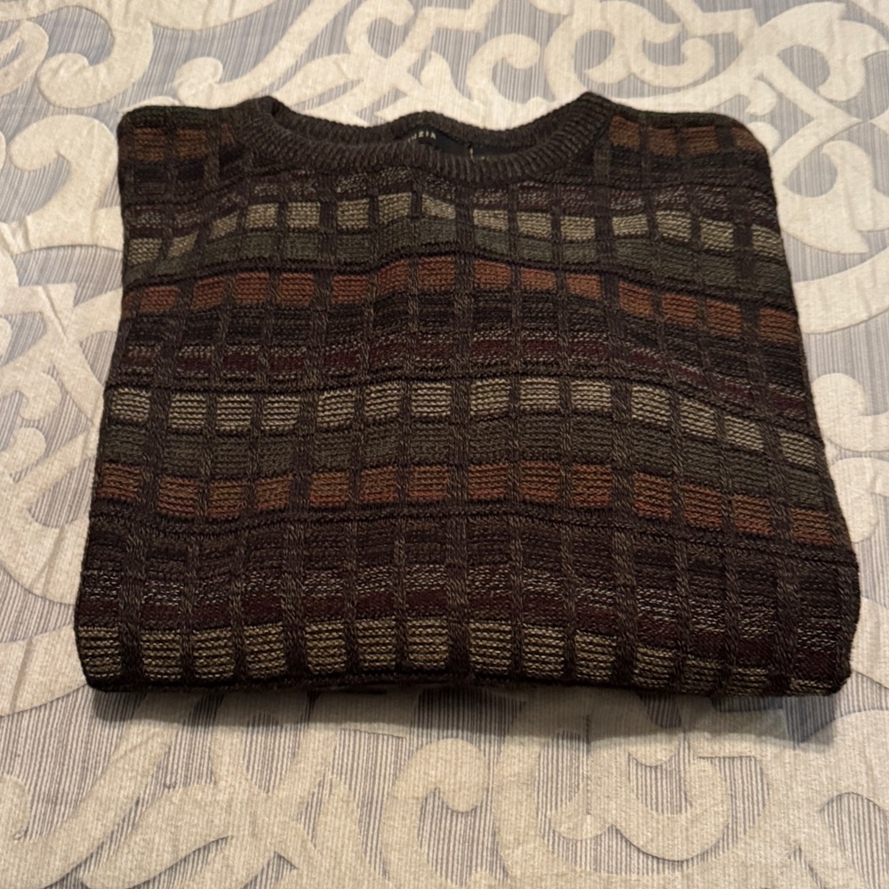 Men's Brown and Green Patterned Crewneck Sweater